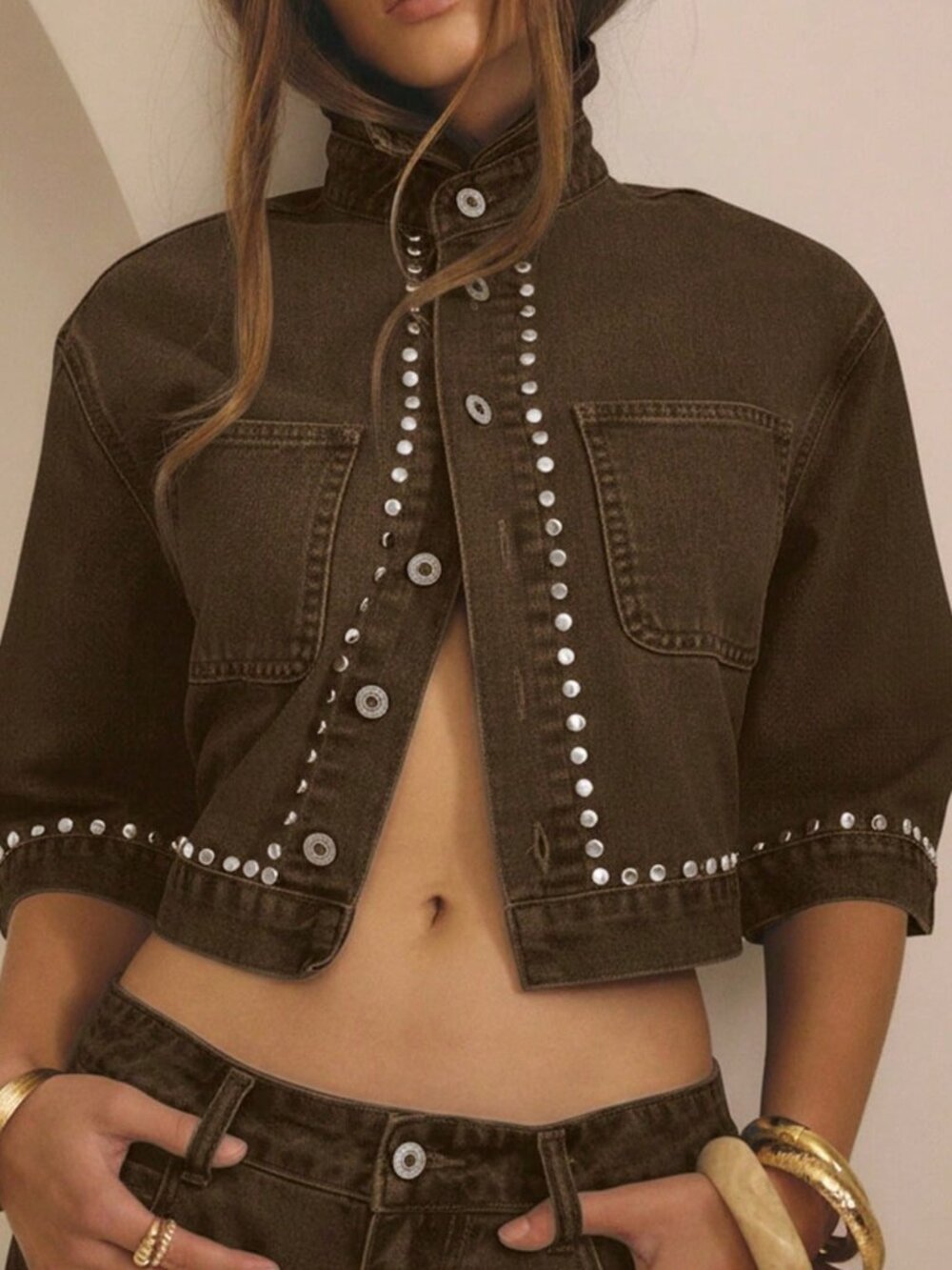 Chocolate Brown Casual Women's Studded Button Front Short Sleeve Cropped Jacket
